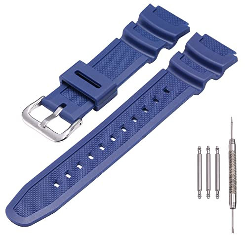 MCXGL Cinturino di ricambio in resina naturale compatibile con Casio W218H W-219H AE1200WH AE-1300WH W800H SGW-300H F-108WH, cinturino in gomma impermeabile, Fibbia argento blu scuro, 18mm, Cintura da