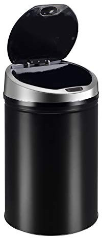 Ribelli Cubo de basura de acero inoxidable, con sensor, apertura y cierre automáticos, anillo de sujeción para bolsas de basura, tapa extraíble, con indicador LED (negro, 30 litros)