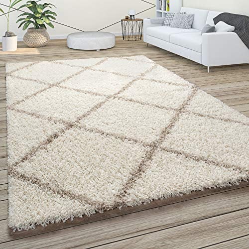 Paco Home Hochflor Teppich Wohnzimmer Schlafzimmer Shaggy Skandinavisch Rautenmuster, Grösse:240x340 cm, Farbe:Beige-Creme