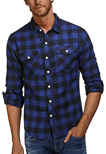 AUDATE Men's Cotton Checkered Button Shirts Long Sleeve Plaid Shirt Dark Blue S