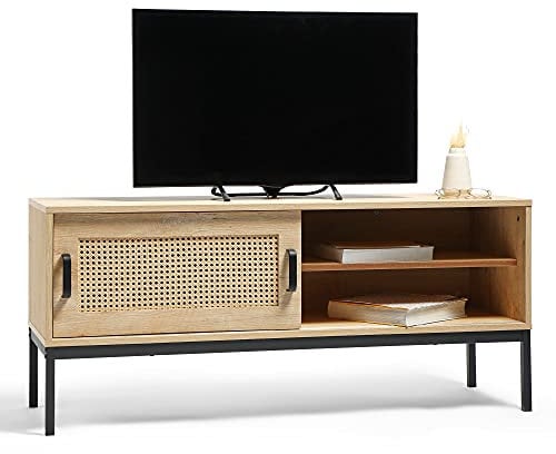 VonHaus Rattan TV Unit - Light Wood Effect TV Stand Cabinet - For TV's up to 55 - Industrial Scandi Style Entertainment Unit with Storage Cupboard & 2 Open Shelves - For Living Room & Lounge - Lena