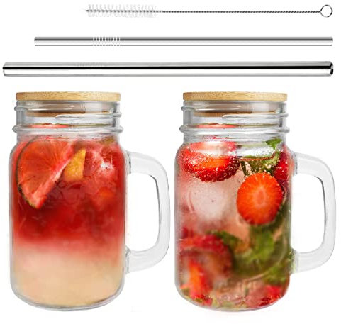 Mason Jar con asa, juego de 2 tarros de boca regular de 16 onzas, tarro de albañil con tapas y pajitas, botellas de viaje reutilizables para café helado grandes zumos de perla cóctel