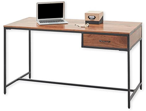 HAPUR Schreibtisch mit Schublade Massivholz Akazie - Computertisch vintage mit Metallgestell - 140 x 79 x 60 cm (B/H/T)