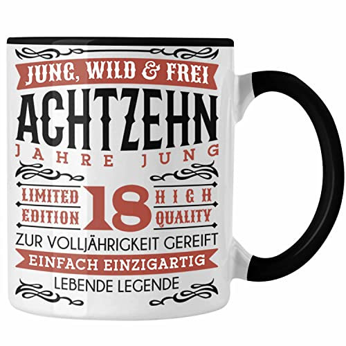 Trendation - 18. Geburtstag Tasse Geschenk 18er Geschenkidee Mädchen Jungen Lustiger Spruch Legende (Schwarz)