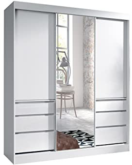 Schwebetürenschrank Megajra mit 6 Schubladen und Spiegel, Kleiderschrank, Schiebetürenschrank mit 2 Kleidestangen, Garderobe, Schlafzimmer (Breite: 180 cm, White)