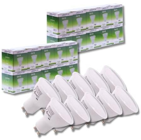 Jandei - Pack de 20 Bombillas LED GU10 de 7W (equivalente a 50W), Color Blanco Natural 4200K, 650 Lúmenes, Bombillas de bajo consumo, no regulables, para hogar, oficina, tienda