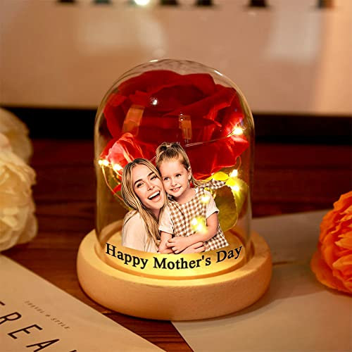 Forever Rose, individuelle Foto-Rose, Glas-Rose, Geschenke mit LED-Lichterkette, Diamant-Basis in Glaskuppel, einzigartige Geschenke für Frauen, Sie, Ehefrau, GF, Mutter, Erntedankfest