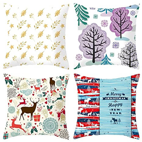 Stfery Kissenbezug 40x40 Hirsch, Kissenbezüge Deko Lila Rot Weihnachten Kissenhülle Polyester Cushion Cover 4er Set Weihnachtsdeko