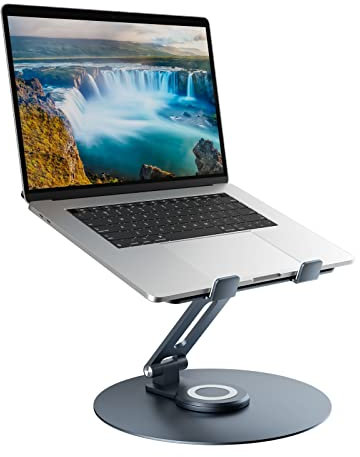 Swivel Laptop Stand for Desk, Adjustable Height Aluminum Computer Stand with 360 Rotating Base, Foldable Ergonomic Riser, Portable Laptop Holder Compatible with MacBook, All Laptops 10-17'',Grey