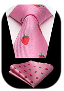 HISDERN Corbatas Rosa Hombre y Pañuelo Corbata con Motivo Fresa Modernas Conjunto Corbatas Elegante Boda
