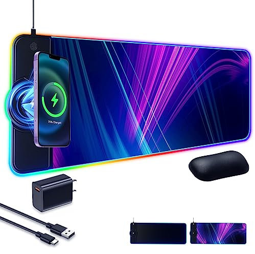 WQBZSYY Gaming Mouse Pad 15W Wireless Charging RGB,LED Large Ergonomic Mousepad Gaming with Wrist Support,31.88 12.2 Desk mat/Keyboard pad (Colorful(18W Charger Included))