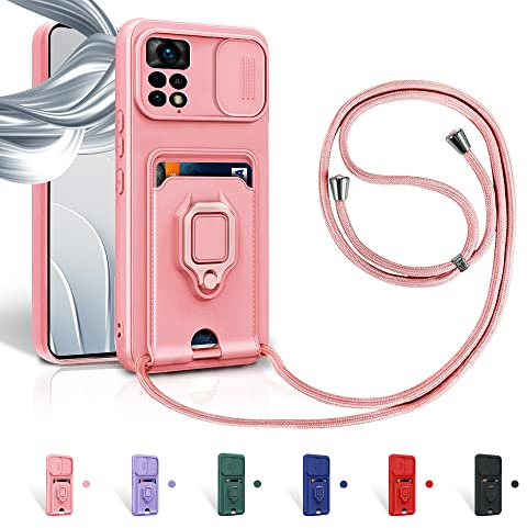 Aithne Cordon de Coque pour Xiaomi Redmi Note 11 Pro/Note 11 Pro 5G,Couvercle Coulissant de la Caméra+Support Annulaire à 360 Degrés,Fentes pour Cartes Lanyard Silicone Case -Pink