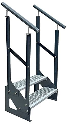 Caillebotis acier Escalier à limon 2 Marches Autoportant Entièrement galvanisé et Anthracite Côtés revêtus de poudre avec garde-corps des deux côtés - Dimensions (L x l x H) 44cm x 100cm x 38cm