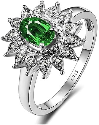 Homxi Anillos Plata Ley Mujer,Anillo Boda 4 Garras Flor con Oval Circonita Verde Anillo de Plata Mujer Tamaño 13(53mm)