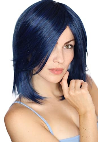 Prettyland blau-schwarz gemischt gesträhnt Mittellange glatte Damen Perücke mit Pony Manga Anime Wig C305