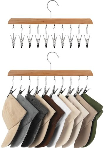 StorageWorks Hat Rack, Set of 2 Wooden Hangers with Adjustable Stainless Steel Clips, Heavy Duty Wardrobe Organiser and Storage for Baseball Caps, Closet Essentials Fits All Caps, Natural Wood Color