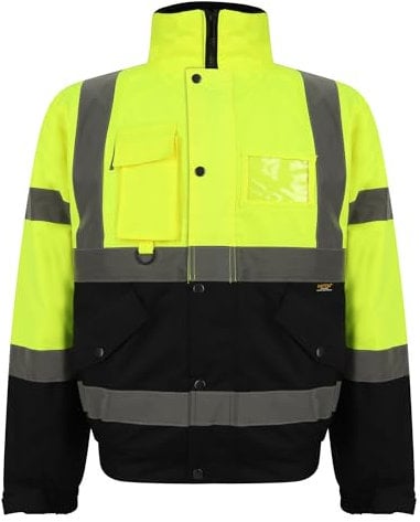 Grunge Wear® Hi Vis Viz Bomber Jacket High Visibility Workwear Safety Security Hooded Padded Waterproof Taped Seams Work Wear Coat Top (Yellow Navy, Medium)