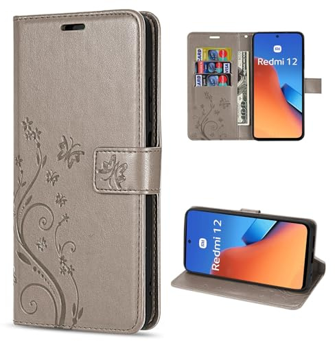 betterfon Hülle Kompatibel mit Xiaomi Redmi 12 | Premium PU Leder Handyhülle Wallet Case für Redmi 12 | Schutzhülle Blumen Klapphülle Handyhülle | Grau