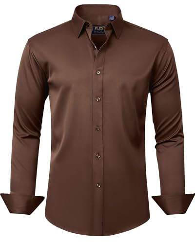 J.VER Men's Dress Shirts Solid Long Sleeve Stretch Wrinkle-Free Formal Shirt Business Casual Button Down Shirts, Chocolate Brown, XL