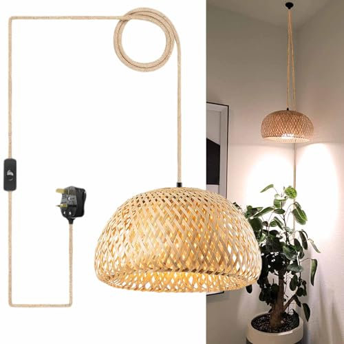 3m Rattan Plug-in Pendant Light with Twisted Hemp Rope Cord Bamboo Lantern Lampshade Hanging Light Fixture, Boho Handmade Woven Wicker Shade, Ceiling Lighting Fitting for Bedroom, Kitchen (No bulb)