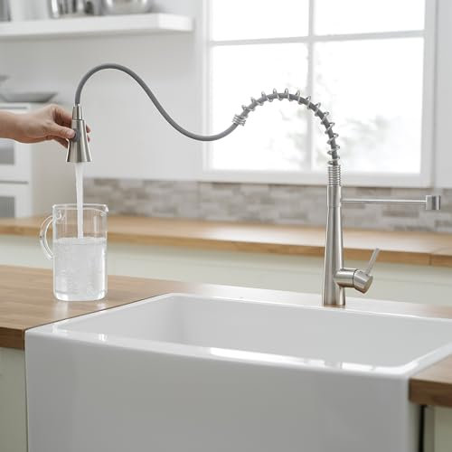 TIMACO Wasserhahn Küche, Hochdruck-Küchenarmatur mit herausziehbarer Brause,Küchenarmaturen Spültischarmatur Mischbatterie,Gebürstetes Nickel