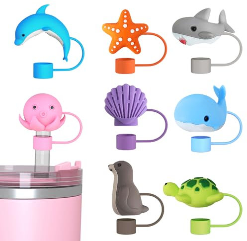 8 fundas de silicona para vaso Stanley de 30/40 onzas, reutilizables a prueba de polvo para botellas de agua, tapas de silicona de 10 mm, bonitas puntas de popote de animales para tazas Stanley con