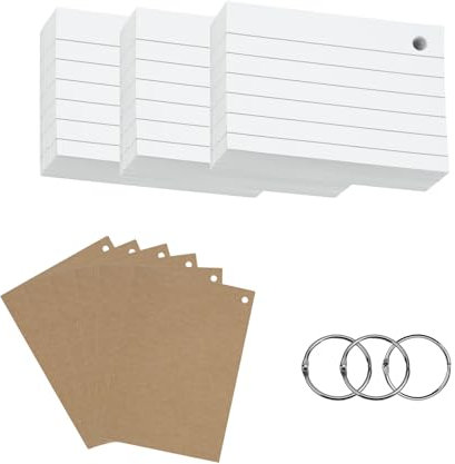 moinkerin Karteikarten 300 Stücke A6 Mehrfarben Lernkarten Flashcards Weiß mit 4 Binderingen 6 Kraftpapier Karteikarten für Büro Haus Schule Lernen