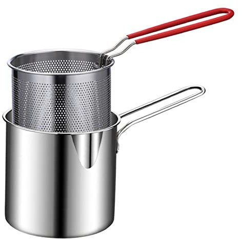 Xialuwy Fryer Pot Stainless Steel Frying Pan With Strainer Basket And Handle, Small Fryer Filter Skimmer With Strainer, Fryer Pot For French Fries, Chicken Wings, Shrimp, Chips, Chicken Chops