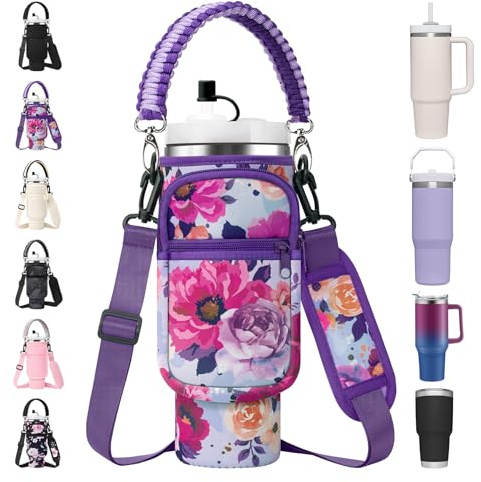 AceTreker Sling Bag with Paracord Handle for Stanley 30/40 oz Tumbler, Multi-functional Water Bottle Bag, Purple Rose
