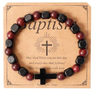 Eigso 8 MM Religious Christian Cross Pendant Link Bracelet for Men Women Fashion Vintage Red Sandal Wood Beaded Wristband for Man Woman