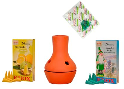 KNOX Feuertöpfchen Natur - Größe: ca. 9 cm - Inklusive Räucherkerzen - Düfte: Lemon M & Lavendel M - mit 3 Räucherkerzen Proben von Meeresbriese