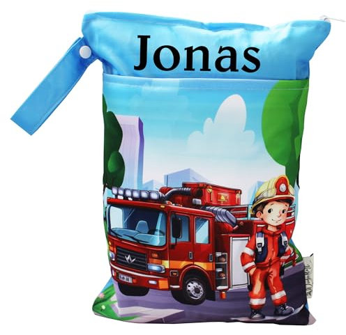 In Deutschland mit Namen personalisierte Wetbag Nasstasche mit 2 separaten Fächern, als Windelbeutel, im Kindergarten oder unterwegs (Feuerwehr)