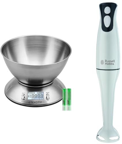 Etekcity Electronic Kitchen Scales with Stainless Steel Mixing Bowl, Timer and Temperature Sensor & Russell Hobbs Food Collection Electric Hand Blender, 2 Speeds and Pulse Technology