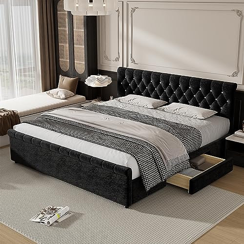 Polsterbett 180x200 cm im Chesterfield-Stil, Samt, schwarz, mit Lattenrost und 2 Schubladen, diamantförmige Knöpfe, einfache Montage, ohne Matratze