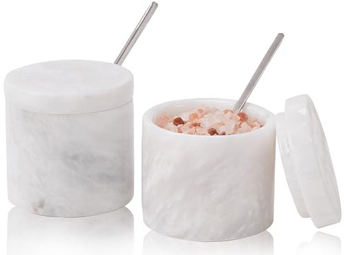 SPESHSTONES Marble Salt Cellar With Lid and Spoon 3'' Inches White Handmade Salt Containers For Countertop - Pepper Bowls with Lids Set of 2, Salt Holder