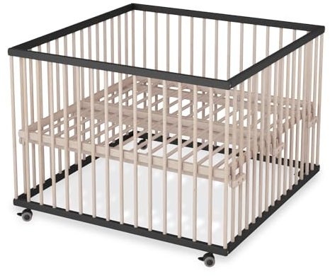 Sämann Laufstall Baby mit Lattenrost und 3 Schlupfsprossen | stufenlos höhenverstellbar | Laufgitter Premium | Babybett aus Holz | Krabbelgitter (schwarz/natur, 120x120 cm)