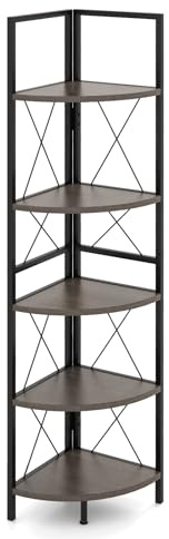 SFAREST 5 Tier Ladder Shelf, Freestanding Corner Bookshelf with Adjustable Foot Pads & Anti-Tipping Devices, Multifunctional Display and Storage Unit for Home Office (Oak, 35 x 35 x 160 cm)