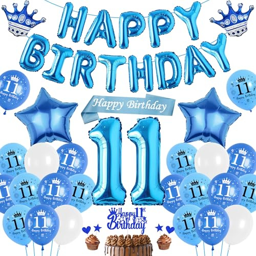 Luftballon 11. Geburtstag Deko Junge Blau, Happy Birthday Banner Ballons XXL Zahl und Stern Kronen Folienballon, Tortendeko Schärpe für Kinder Geburtstagsdeko 11 Jahr Jungen Mädchen
