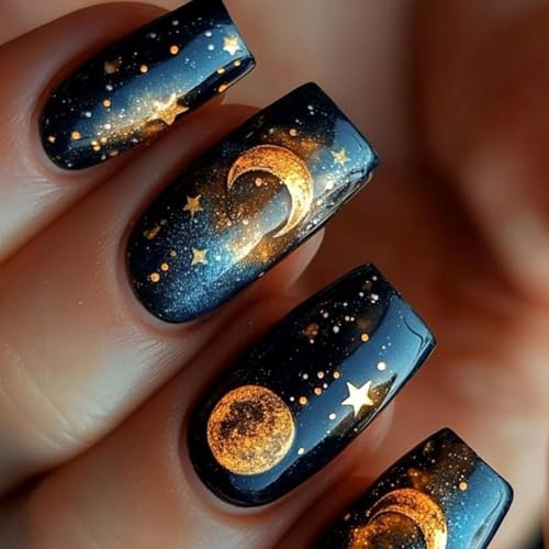24 Pieces Square False Nails With Space Theme Moon Star Designs Acrylic Glossy Stick On Nails For Women And Girls
