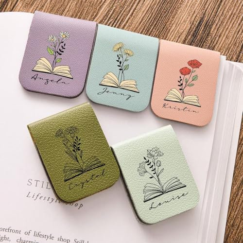 Name Bookmark with Birth Flower,Custom Leather Birth Flower Personalized Magnetic Bookmark,Book Lover Birthday Gift,Book Accessory (Style 1)