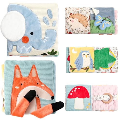 WOODEN TEETHER Babybuch Stoffbuch mit Spiegel, Baby Spielzeug 0-6 Monate Sensorisches Buch - Interaktive Fühlbuch Knisterbuch Babyspielzeug Geschenke für Neugeborene - Elefanten