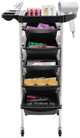 Salon Trolley with 5 Drawers, Rolling Salon Storage Cart with Storage Case Platform Hairdressing Cart with Wheels Beauty Utility Cart for Spa Salon Home Kitchen Use (Black, Grey White)