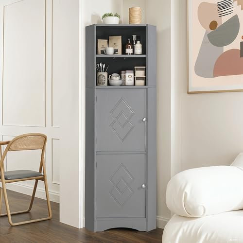 Merax Badezimmerschrank, Badschrank Eckschrank Schmal, Badezimmer Aufbewahrungseinheiten, Badezimmermöbel mit 2 Türen und offenem Aufbewahrungsregal, Verstellbarem Einlegeboden, 36,5x36,5x155 cm, Grau