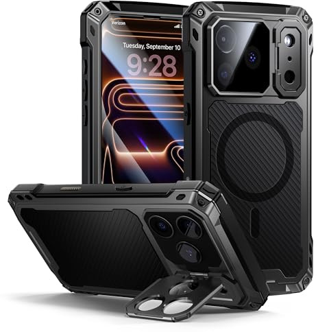 Lanhiem for iPhone 17 Pro Max Metal Case with Kickstand, Compatible with MagSafe, Built in Tempered Glass Screen Protector, Heavy Duty Shockproof Rugged Phone Cases, Full Body Tough Cover (Black)