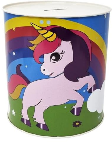 CUCUBA Spardose Design Einhorn Rosa mit Regenbogen aus Metall, nicht zu öffnende Blechdose, 15 x 13 cm