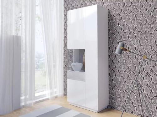 Arthauss Silke 12 Tall Display Cabinet – White Gloss & Concrete Grey W80 x H207 x D40 cm