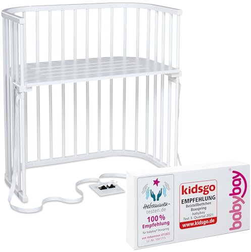 babybay Boxspring Beistellbett aus massivem Buchenholz / kompakt & verwandelbar / Kinderbett Höhe stufenlos verstellbar & umweltfreundlich / mitwachsendes Babybett (weiß lackiert)