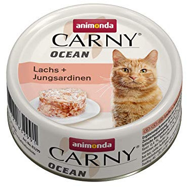 Carny Ocean Katzen Nassfutter Lachs+ Jungsardinen (12 x 80 g), Katzenfutter nass von animonda für ausgewachsene Katzen, mit zartem Fischfilet, ohne Getreide und Zucker