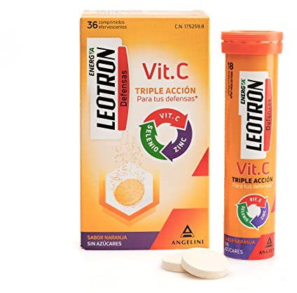 LEOTRON Vitamina C - Complemento Alimenticio con Vitamina C, Zinc y Selenio. 36 Comprimidos Efervescentes. Sabor Naranja.