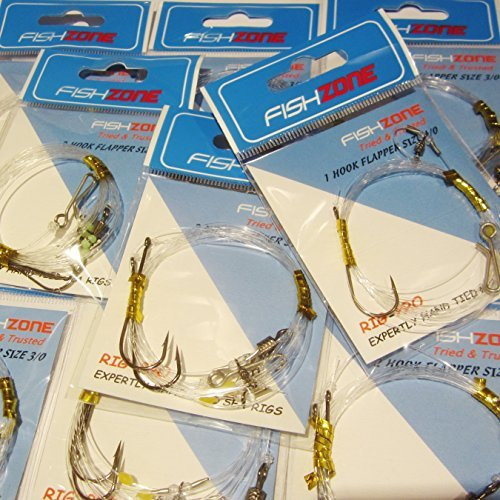 FISHZONE RIG PRO SERIES - 10 Packs of Single Type Commercial Quality FLAPPER Ready Tied Rigs - Ideal for Sea and Shore Fishing (1, 2 and 3 hooks available) (10 x 2 hook flapper - size 1)